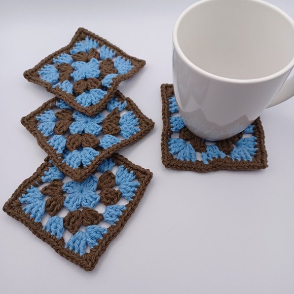 Handcrafted Cotton Coasters - Set of 4 - Blue and Brown - Picture 7 of 7